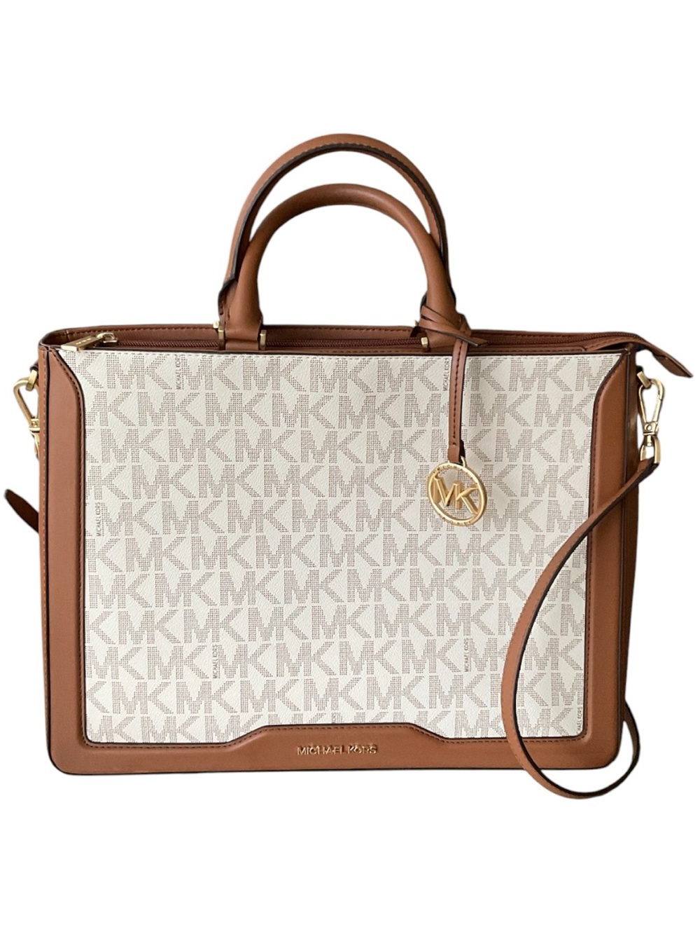 MICHAEL KORS Jessie Signature Tote Detachable Strap Beige Brown Leather NWOT
